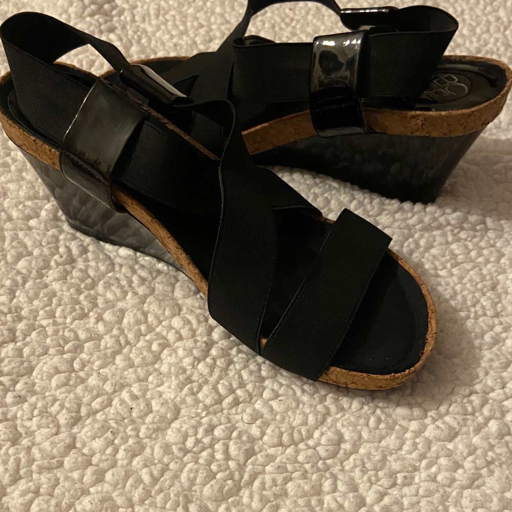 BCBGeneration Black and Tan Wedge Sandals